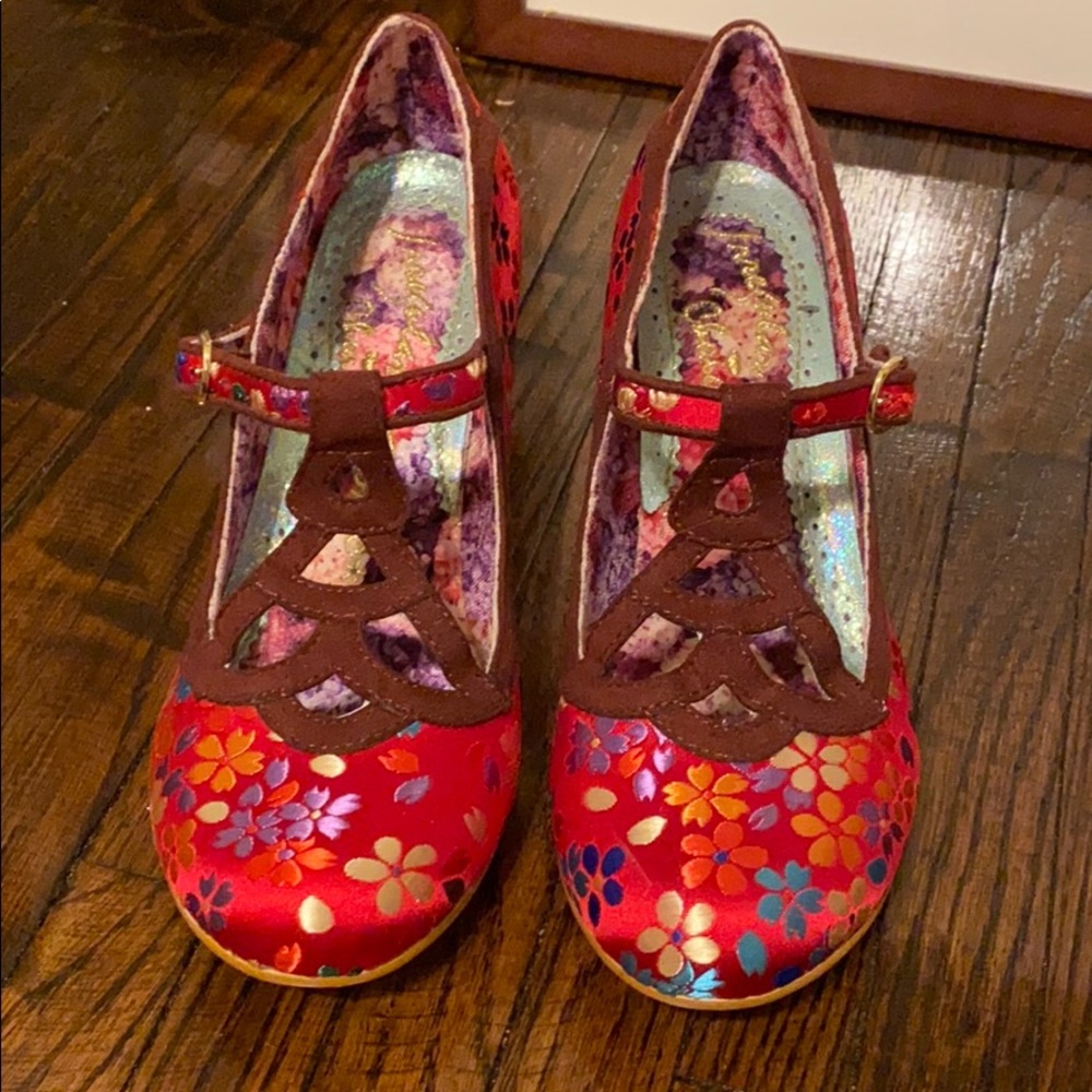 Irregular choice red low heel t straps